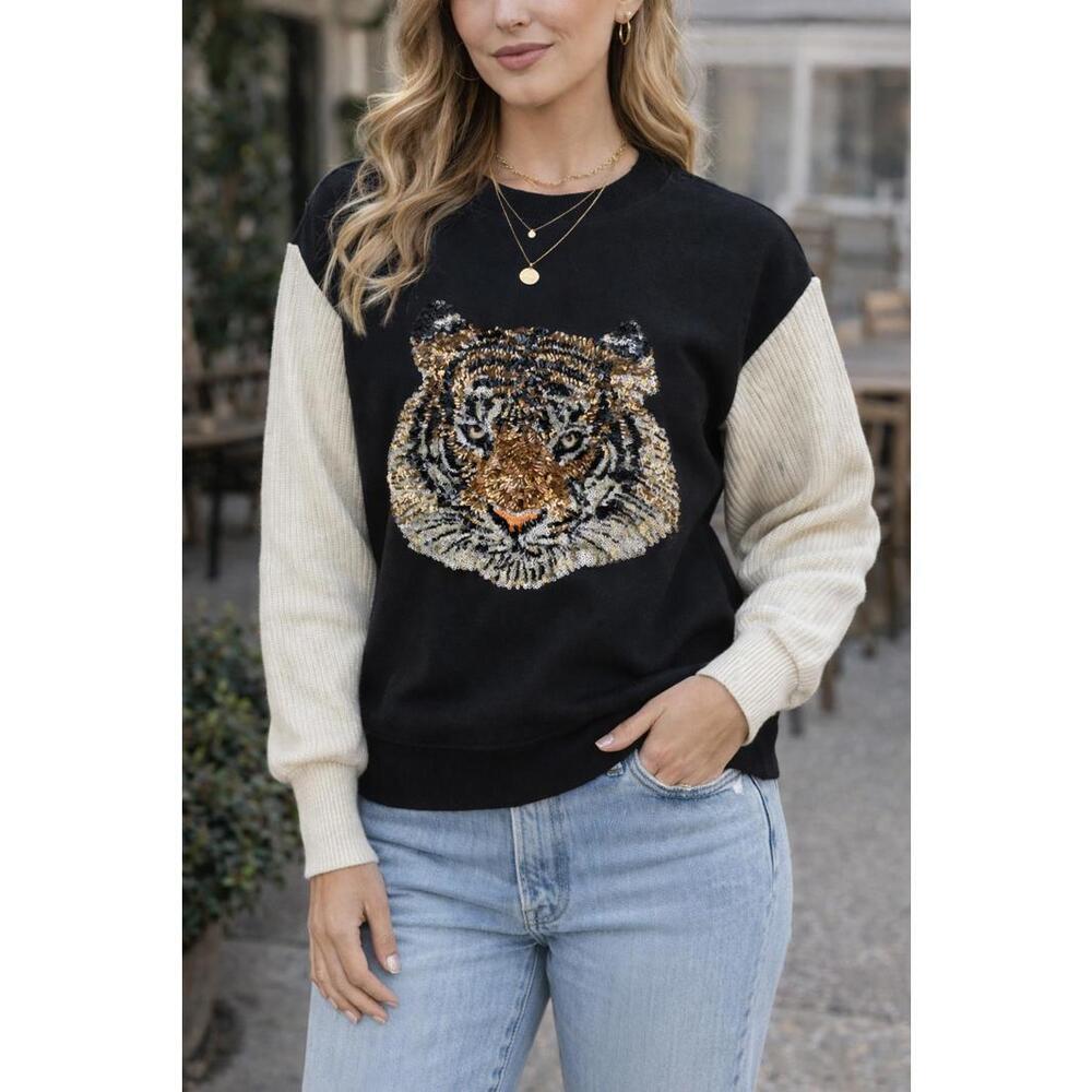 Honey & Sparkle Sequin Tiger Pullover Black & Cream Sweater Size Medium
